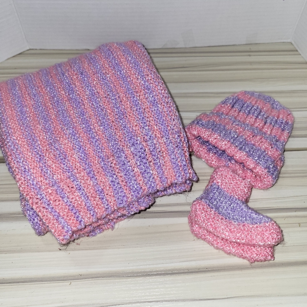 Newborn Hat, Bootie & Blanket Set - Pink And Purple Stripes - Handmade